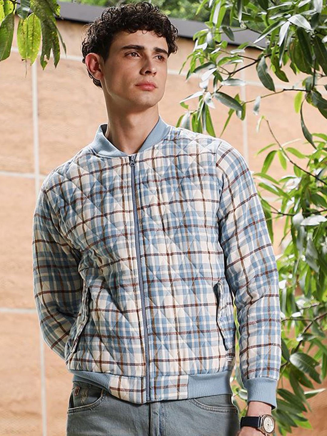 CAHOOT Checked Spread Collar Cotton Lightweight Bomber Jacket