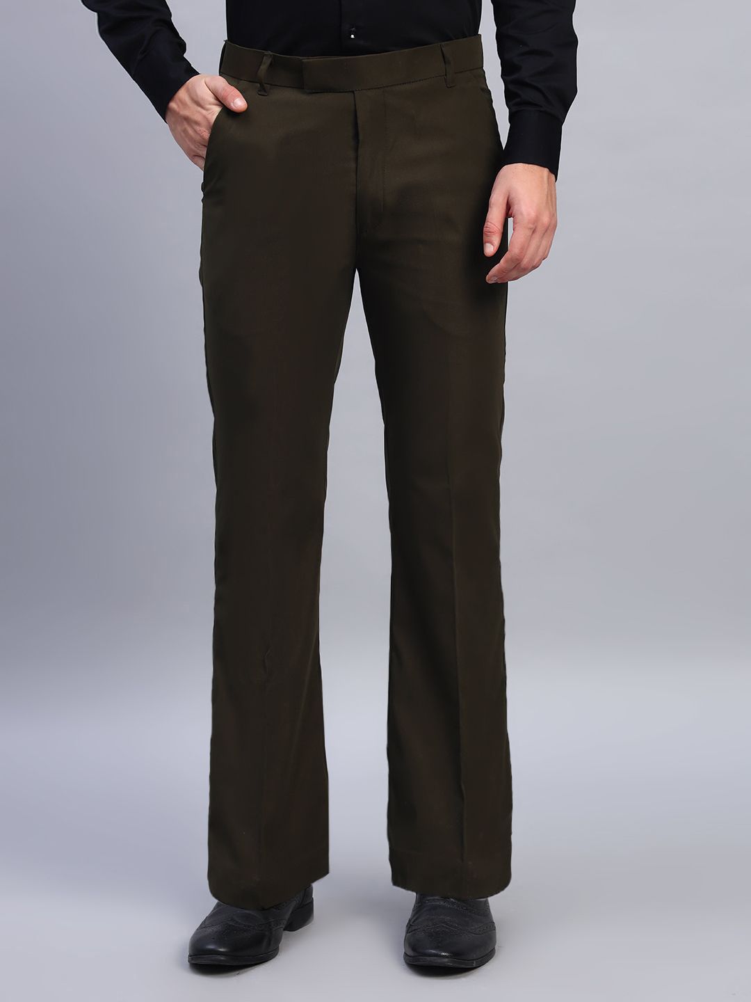 AXNIS Men Smart Bootcut Mid-Rise Easy Wash Pleated Cotton Formal Trousers