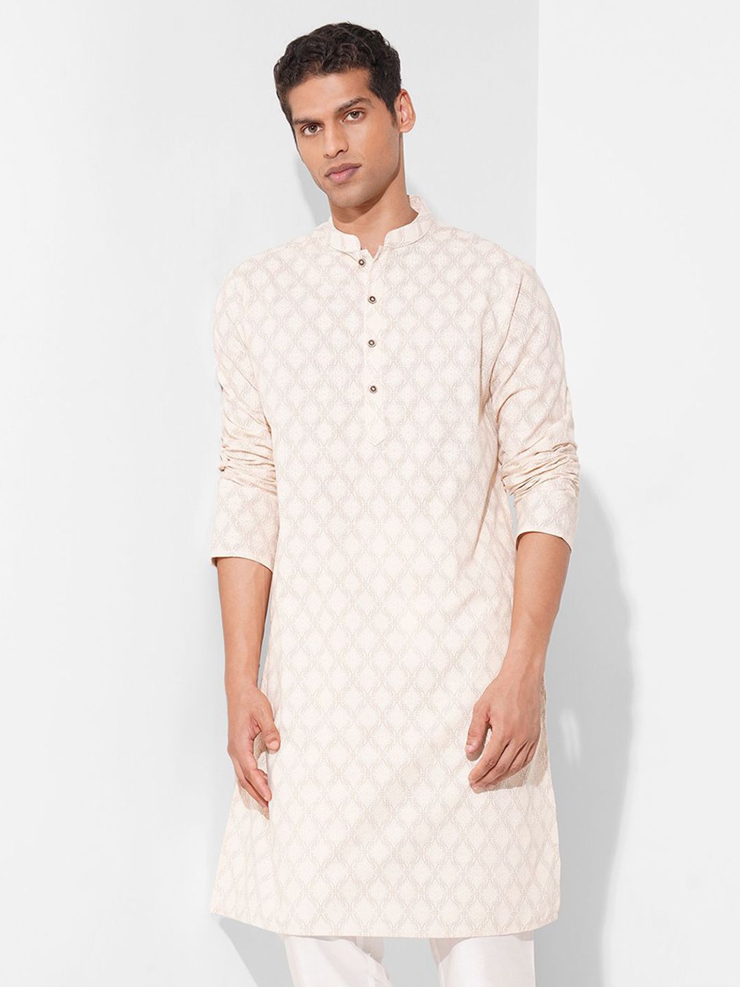 indus route by Pantaloons Ethnic Motifs Printed Mandarin Collar Pure Cotton Straight Kurta