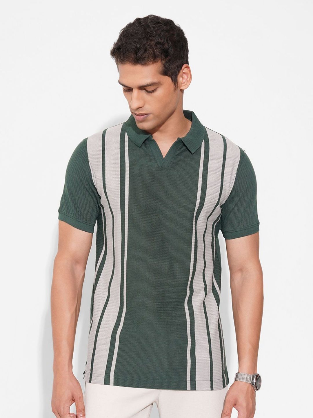 Peregrine by Pantaloons Striped Polo Collar Slim Fit Cotton T-shirt