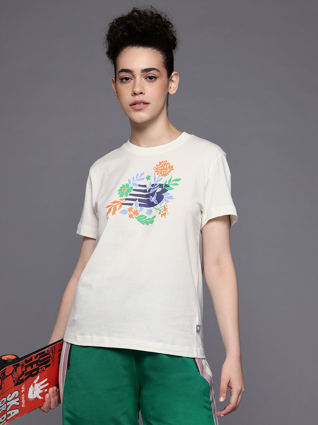 New Balance Brand Logo & Floral Printed Pure Cotton T-shirt