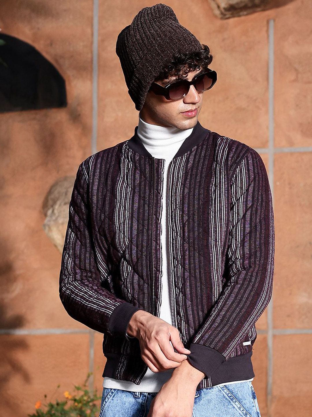 CAHOOT Striped Spread Collar Lightweight Cotton Bomber with Embroidered Jacket