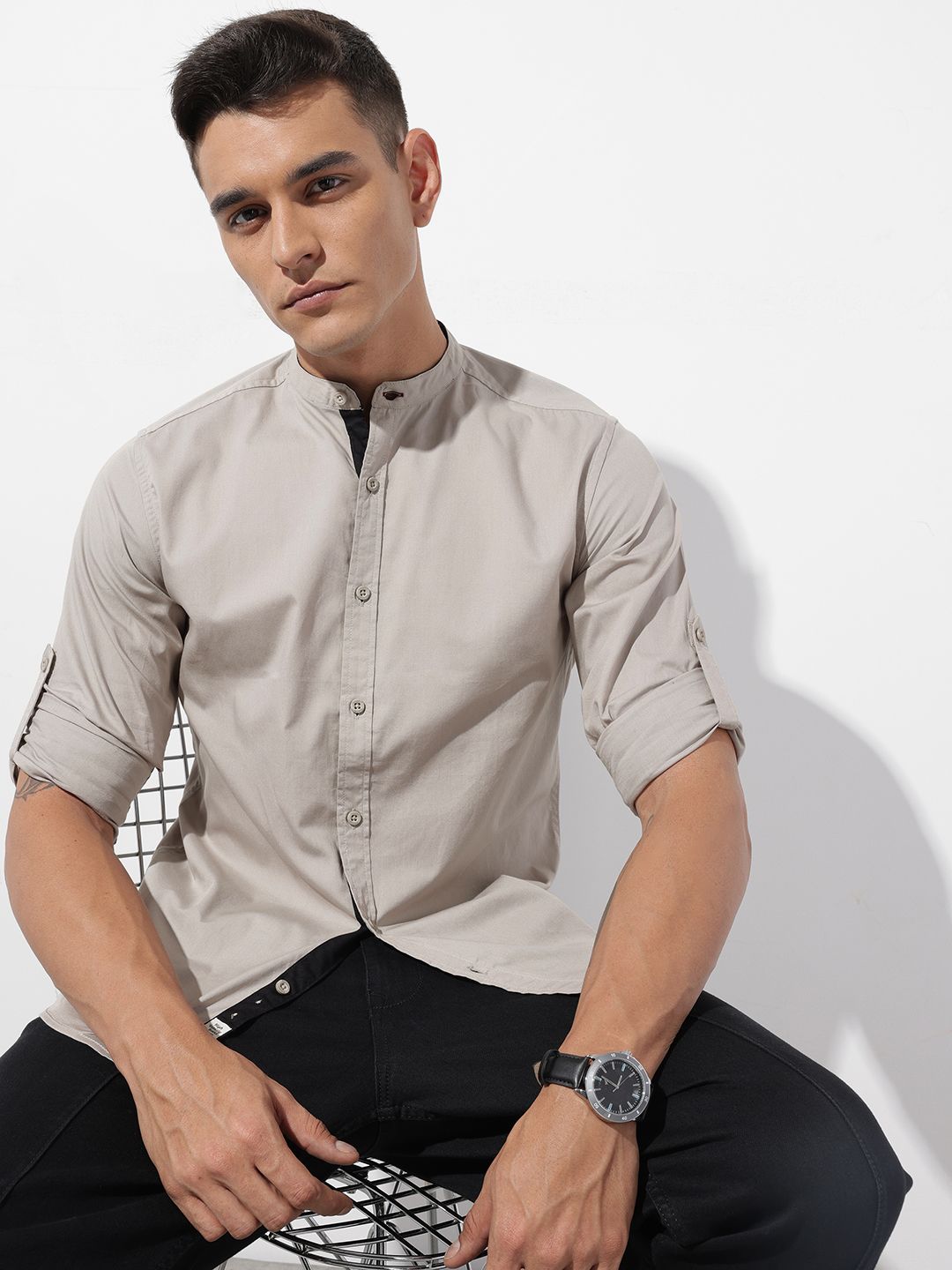 The Roadster Life Co. Band Collar Roll-Up Sleeves Pure Cotton Casual Shirt