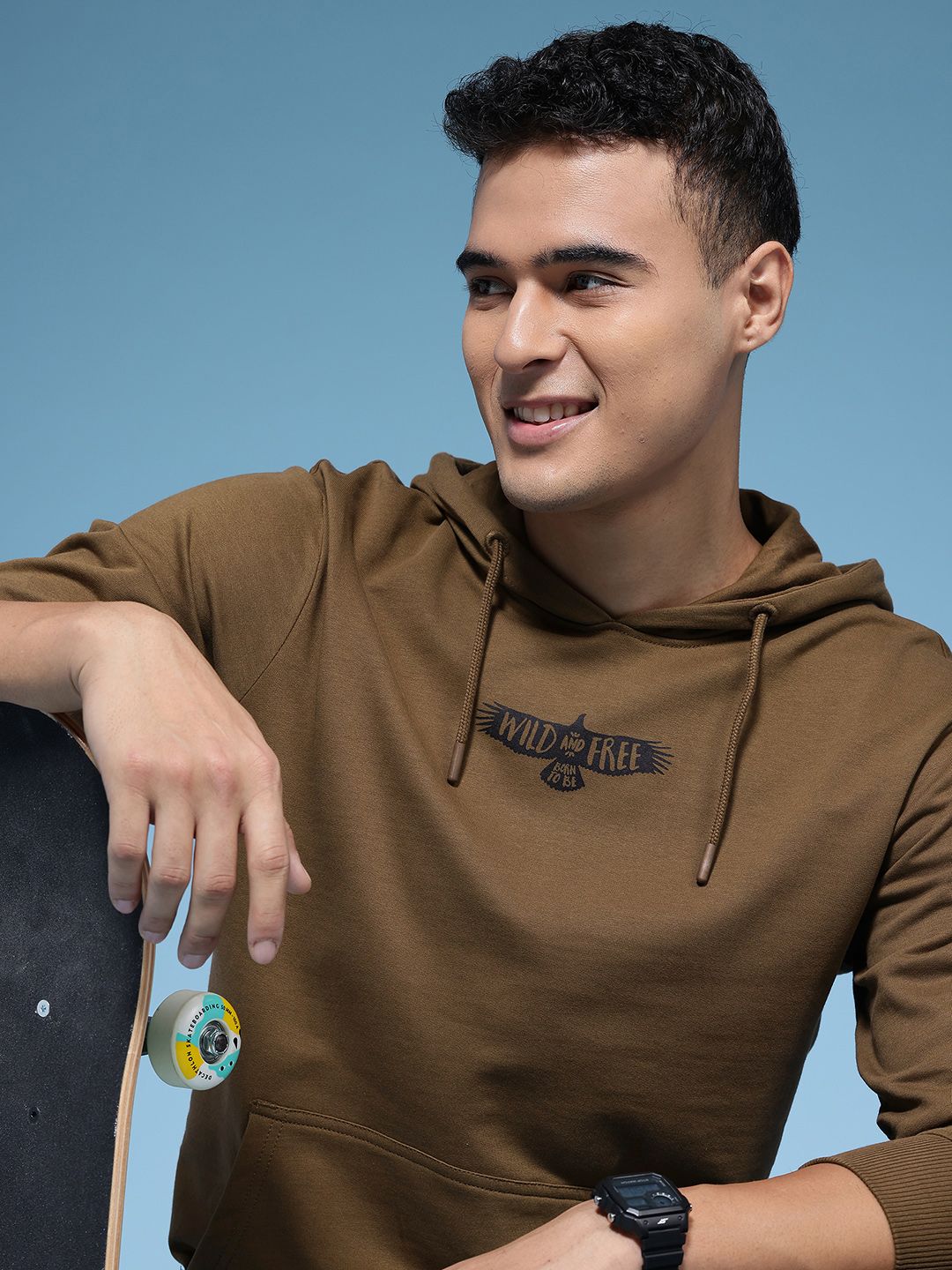 HERE&NOW Typography Printed Hooded Pure Cotton Pullover Sweatshirt