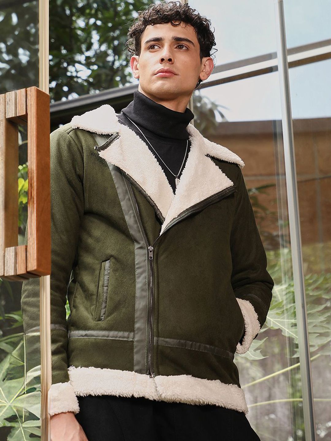CAHOOT Suede Spread Collar Lightweight Biker Jacket With Patchwork
