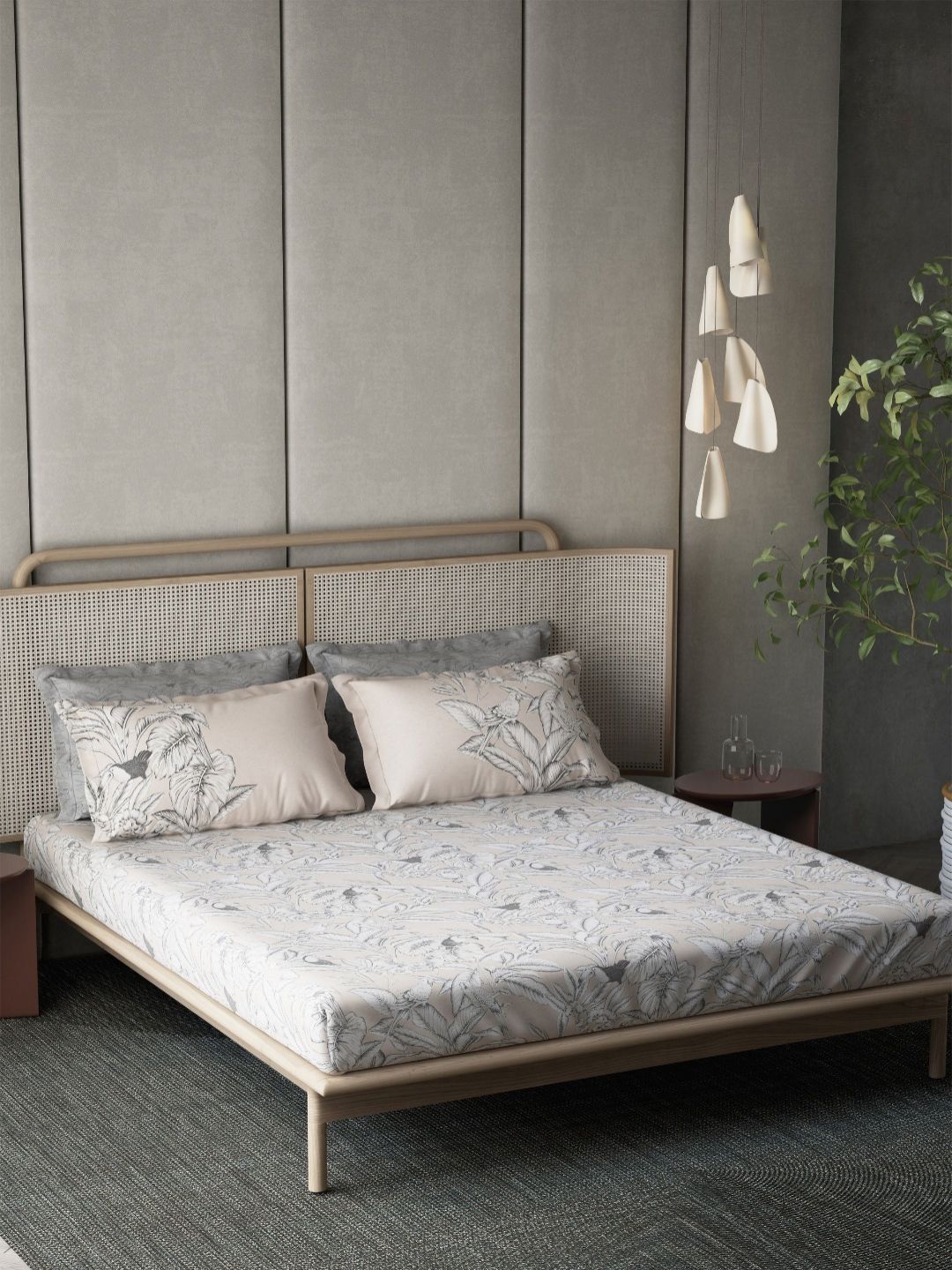 Bedsheet With 4 Pillow Covers DDecor Icons Beige Leaf Pure Cotton 180 TC Super King Bedsheet Set-2.74 m X 2.74 m