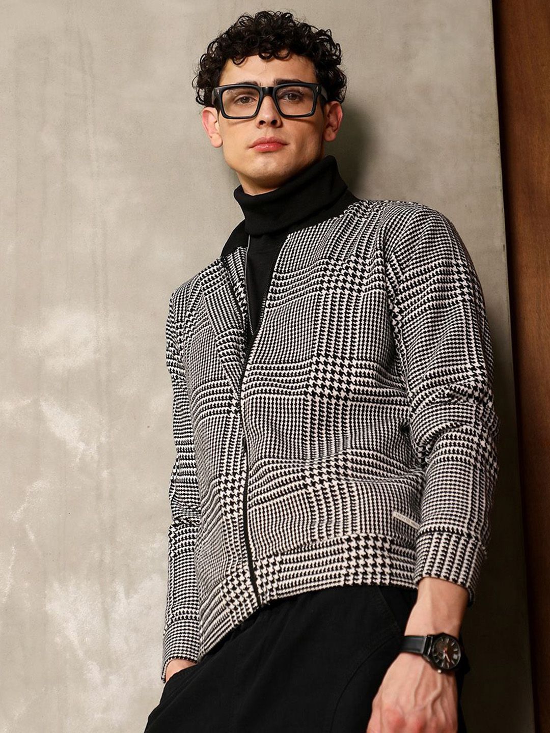 CAHOOT Men Stand Collar Checked Lightweight Open Front Jacket
