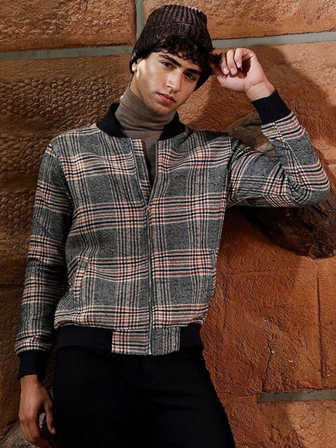 CAHOOT Men Stand Collar Checked Lightweight Bomber Jacket