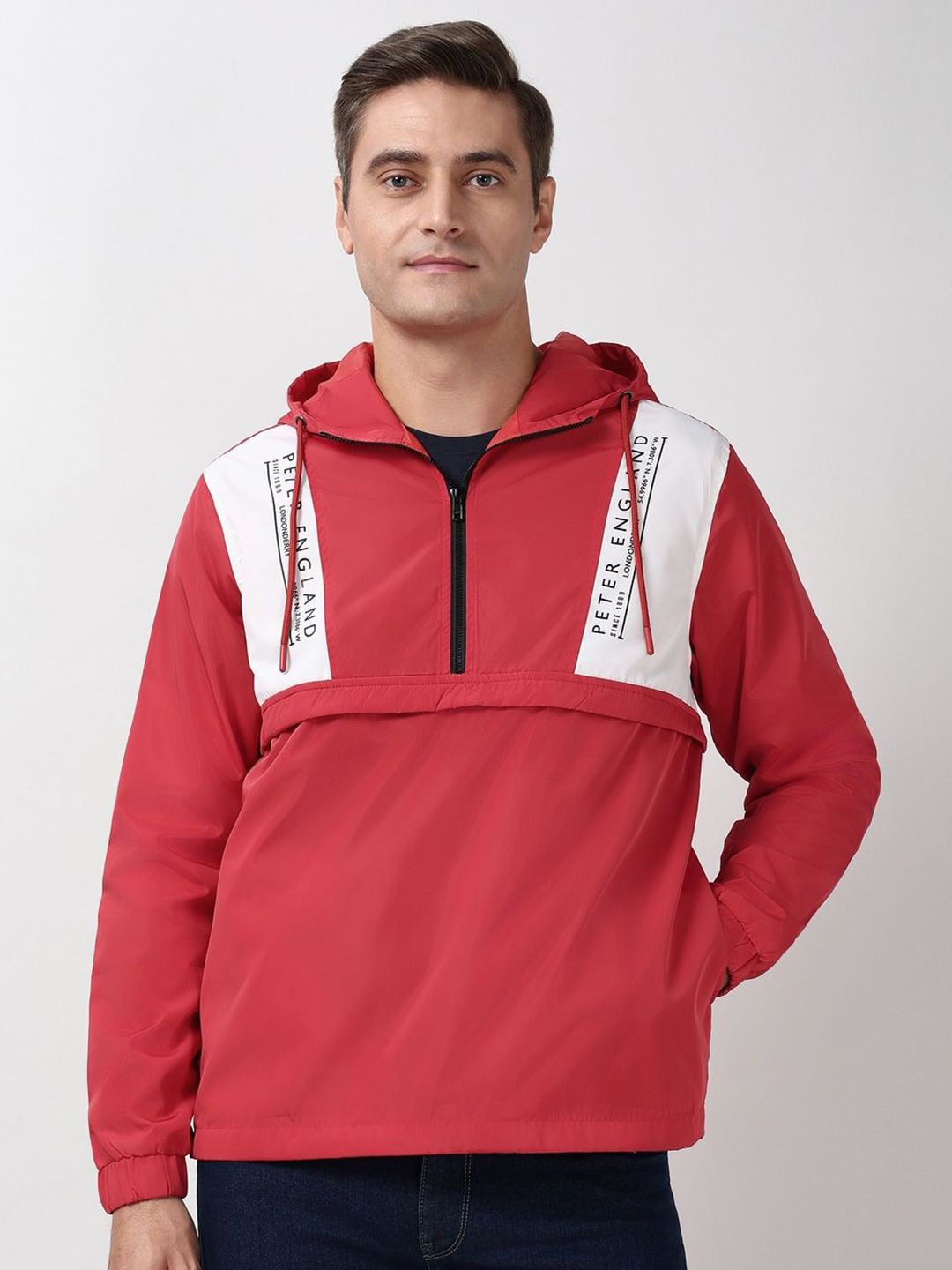 Peter England Casuals Colourblocked Hooded Open Front Jacket
