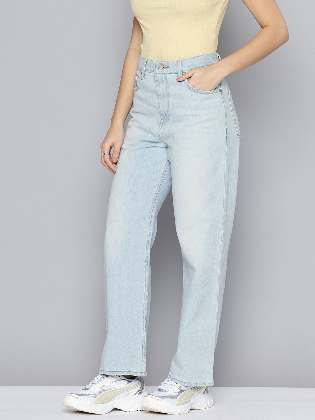 Light Blue Ribcage Straight Fit High Rise Jeans