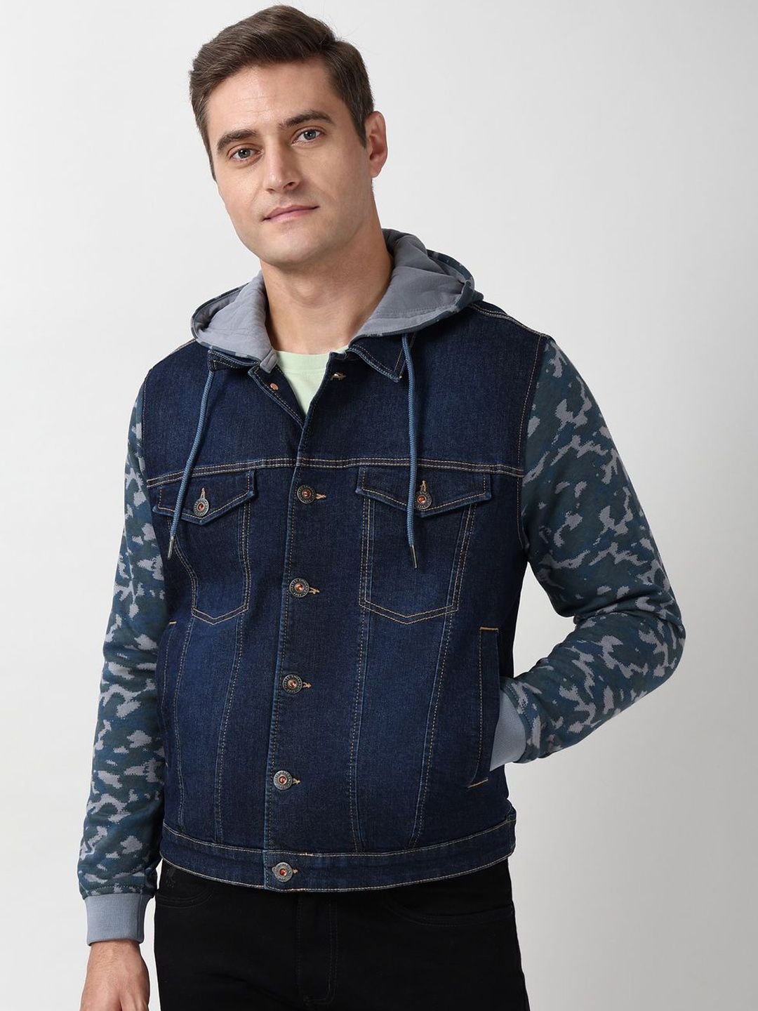 Peter England Casuals Men Hooded Washed Solid Open Front Jacket