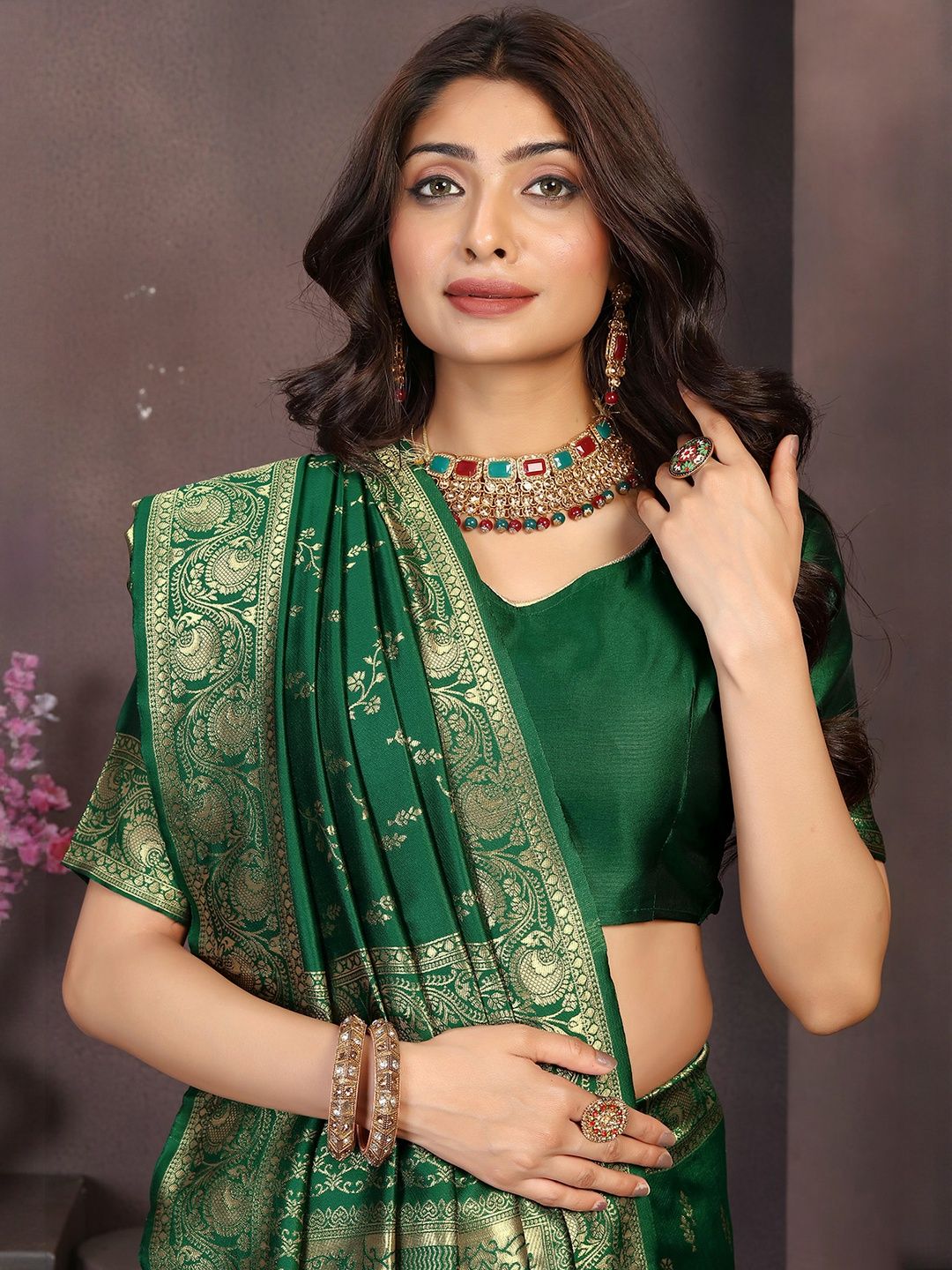 KALINI Green Art Silk Woven Design Banarasi Sarees