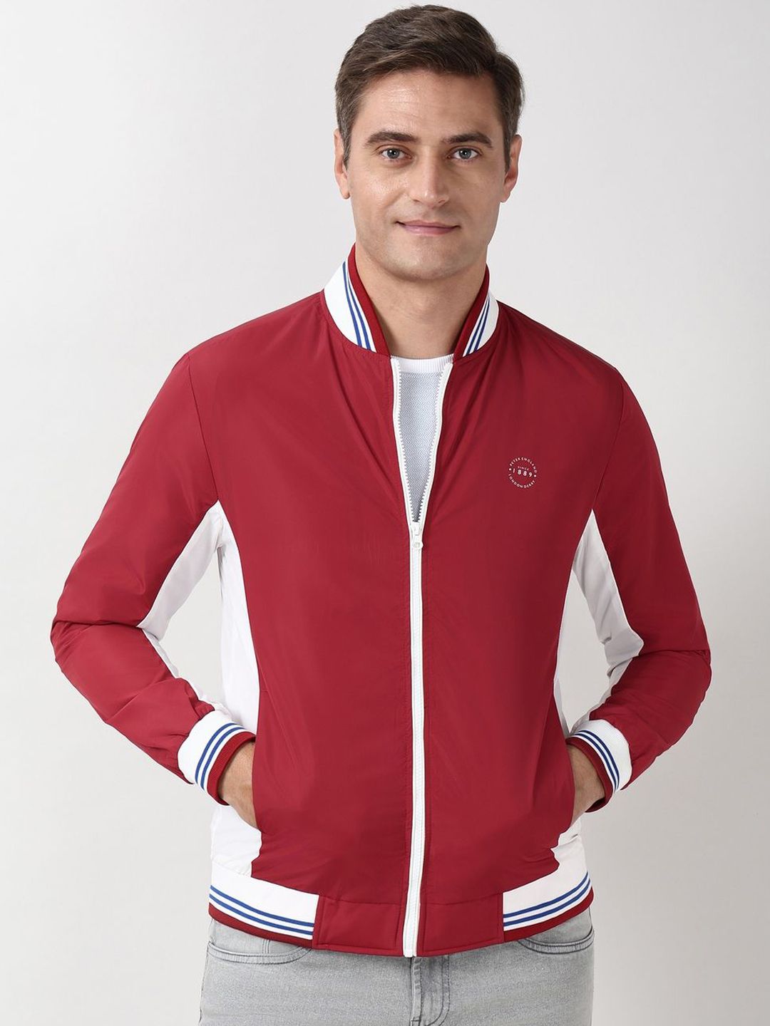 Peter England Casuals Men Stand Collar Colourblocked Bomber Jacket