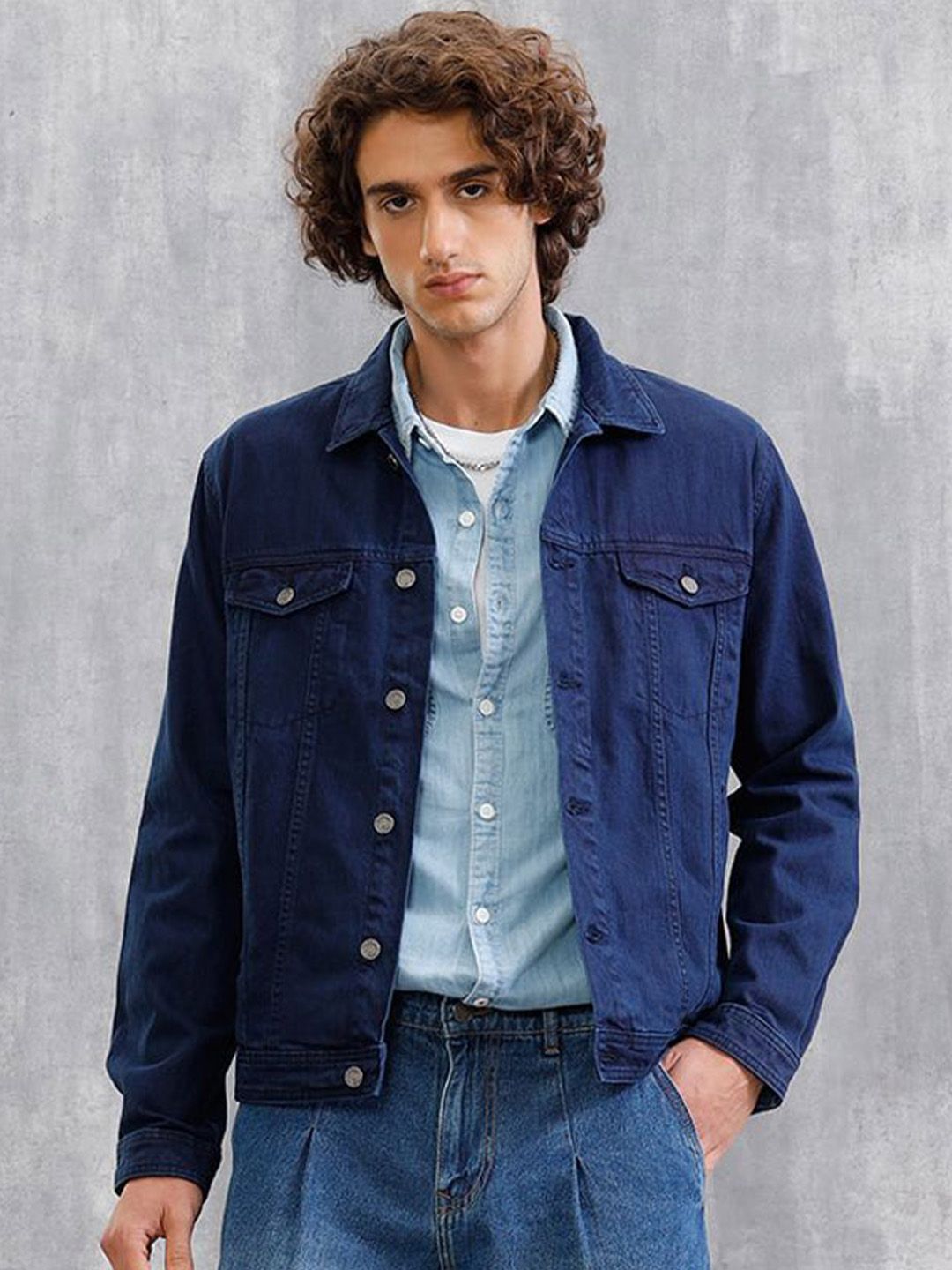 WROGN Spread Collar Cotton Denim Jacket