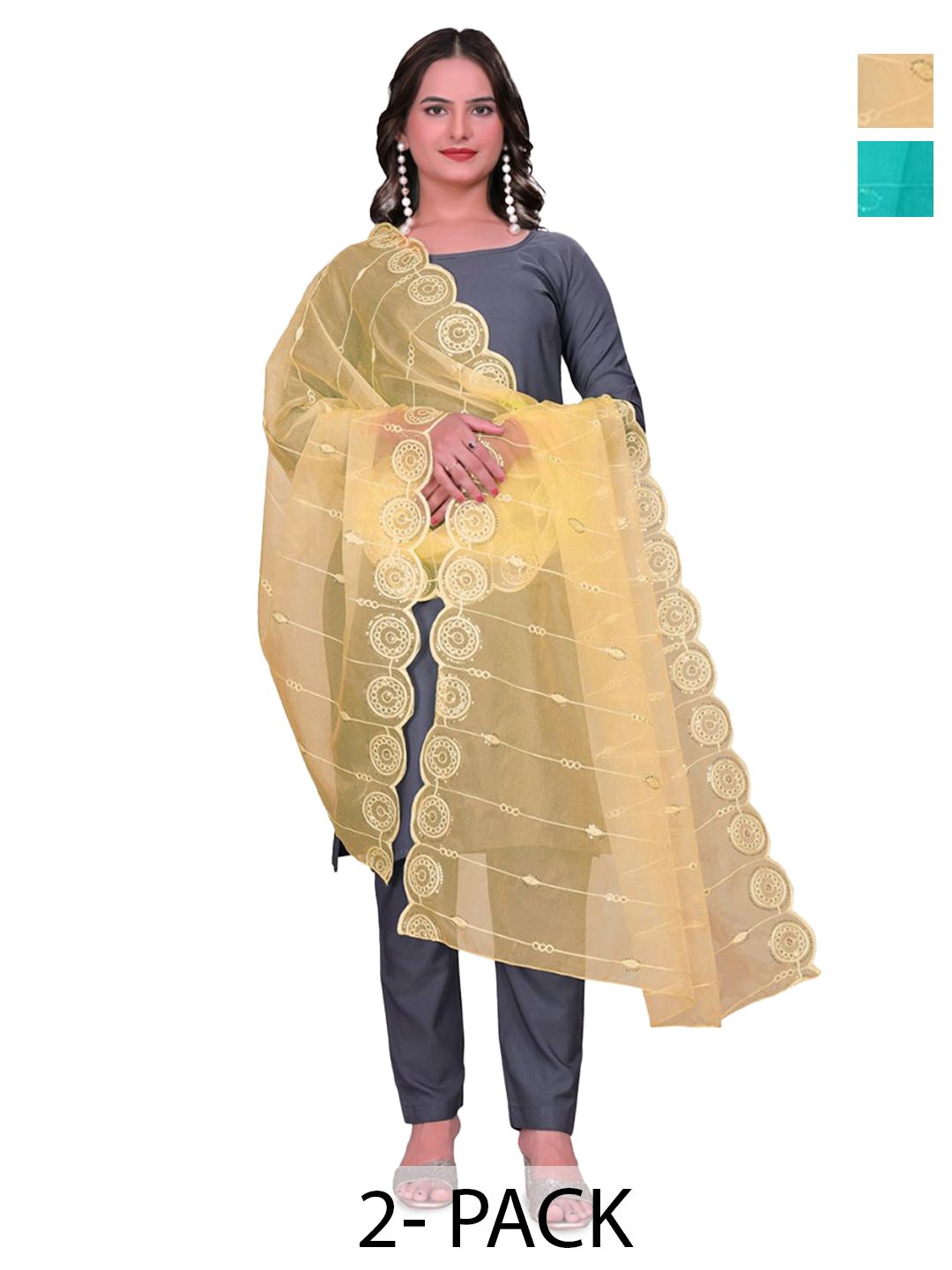 Kemza Pack Of 2 Geometric Embroidered Organza Dupatta With Sequinned