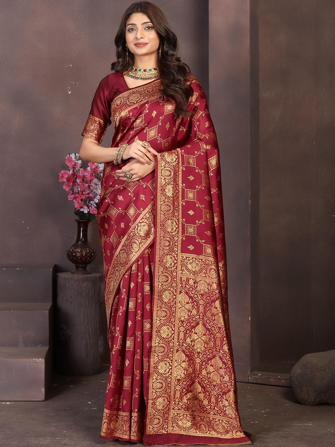 KALINI Maroon Art Silk Woven Design Banarasi Sarees
