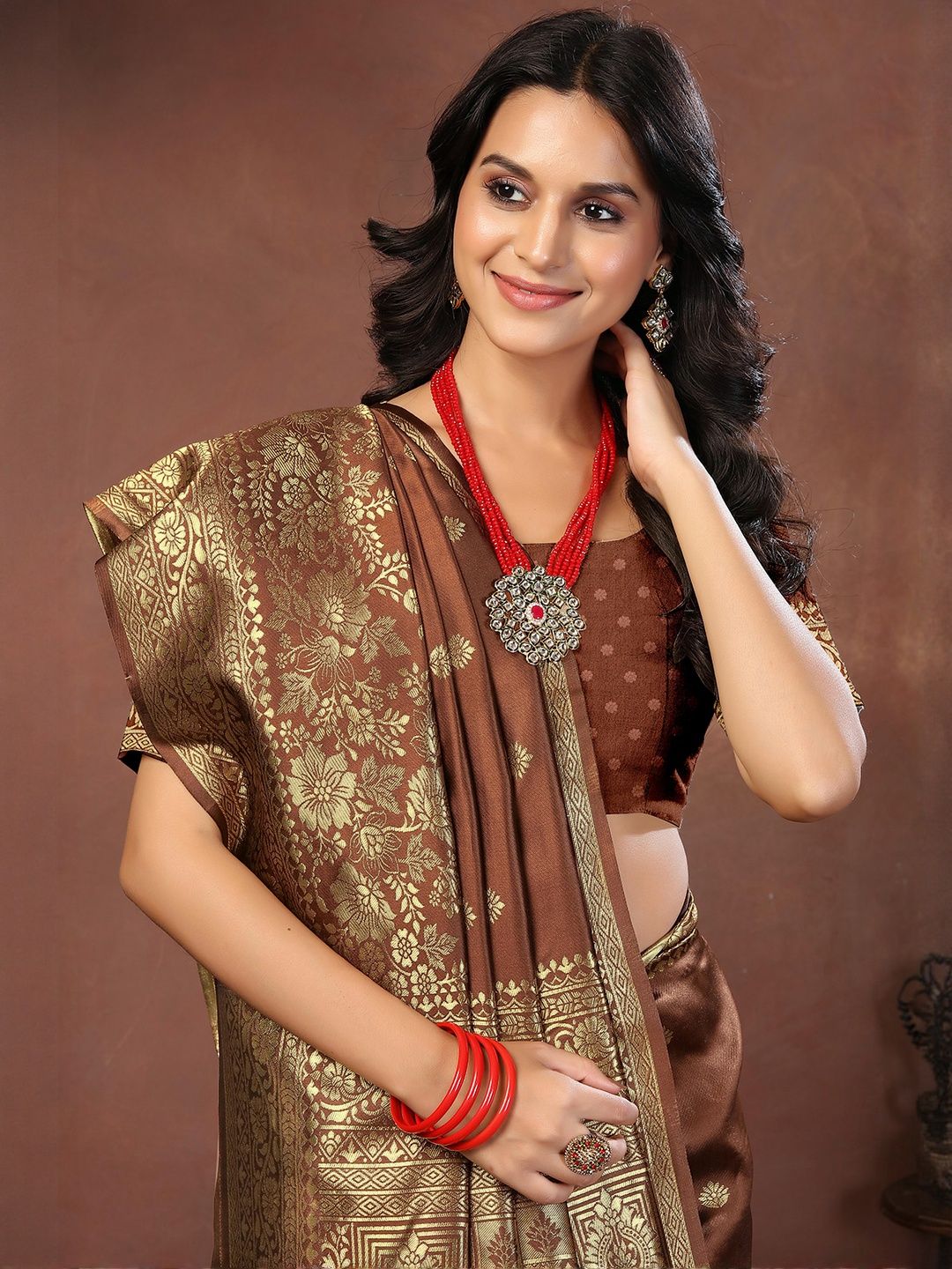 KALINI Brown Art Silk Woven Design Banarasi Sarees