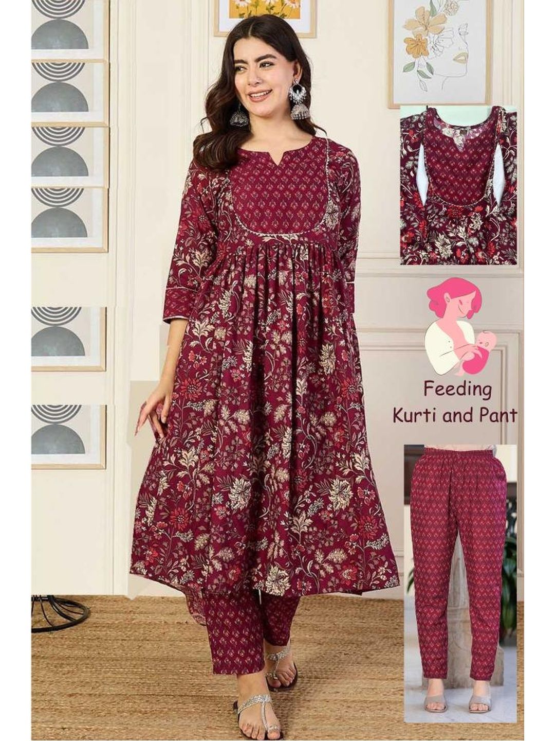 Assume Fab Women Purple Floral Printed Maternity Anarkali Kurta