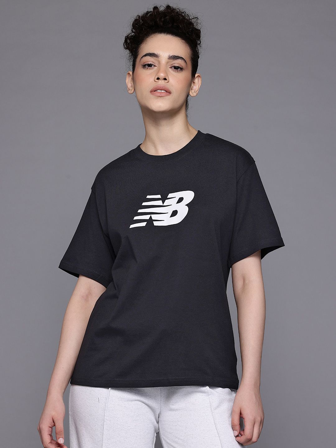 New Balance Brand Logo Print Drop-Sleeves Pure Cotton Relaxed Fit T-shirt