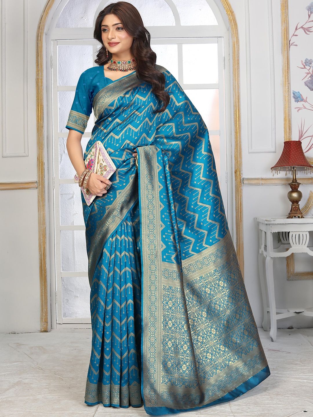 KALINI Teal Art Silk Woven Design Banarasi Sarees