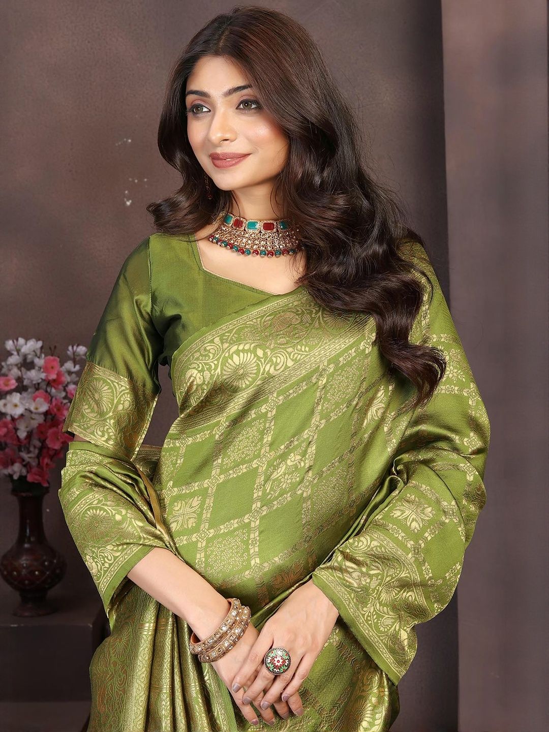 KALINI Fluorescent Green Art Silk Woven Design Banarasi Sarees