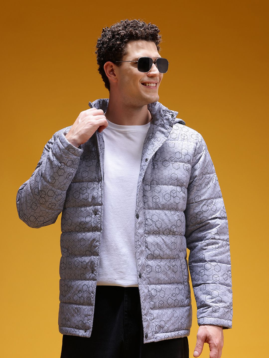 HERE&NOW Geometric Printed Hooded Padded Jacket