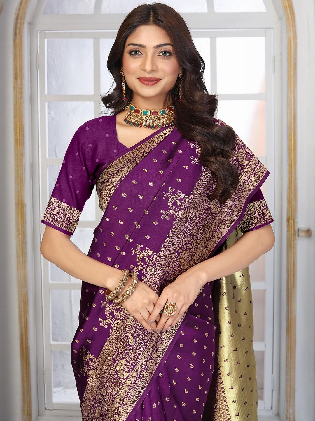 KALINI Purple Art Silk Woven Design Banarasi Sarees