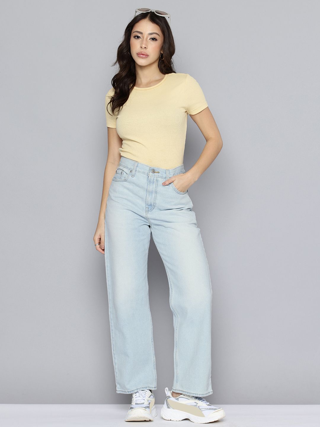 Light Blue Ribcage Straight Fit High Rise Jeans