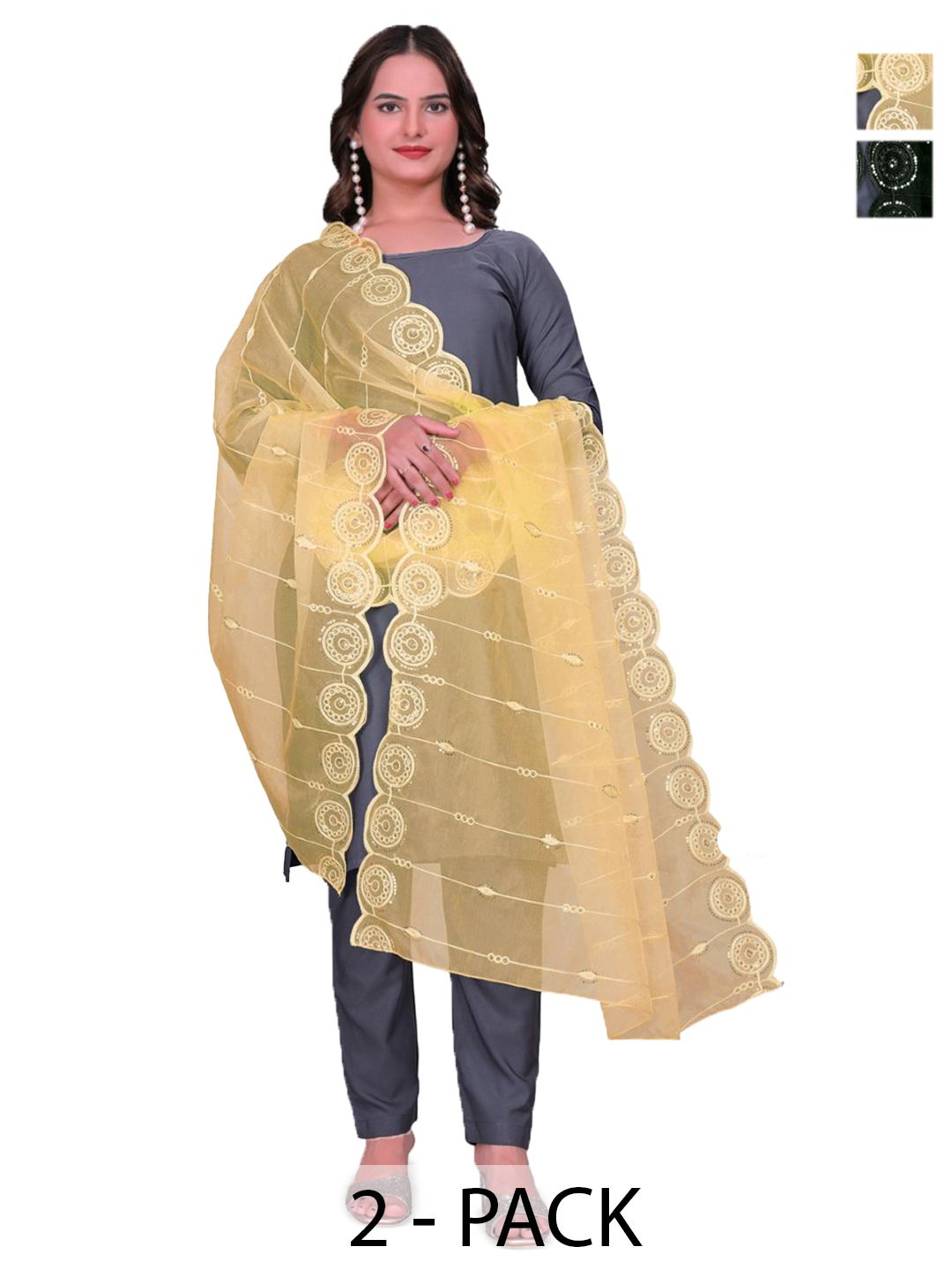 Kemza Selection Of 2 Geometric Embroidered Organza Dupattas With Sequinned