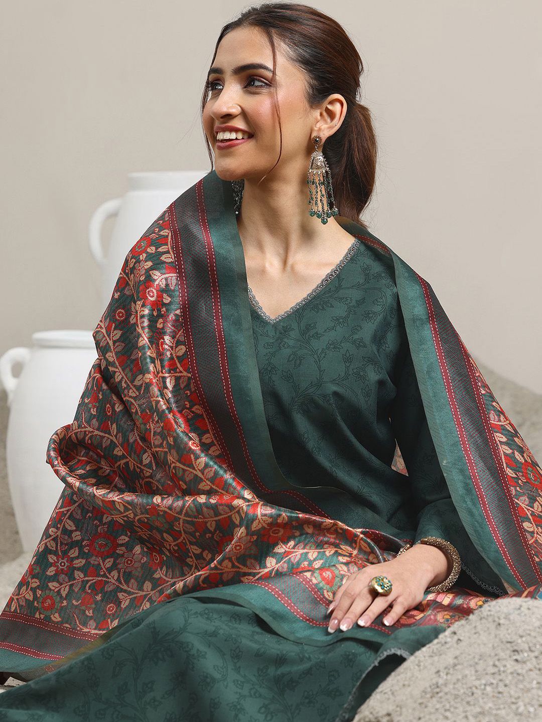 Libas Libas Floral Printed V-Neck Flared A-Line Kurta With Trousers & Dupatta