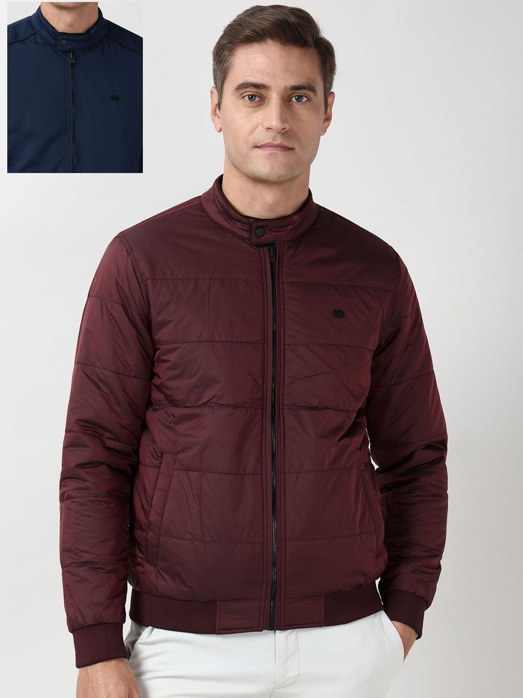 Peter England Casuals Men Stand Collar Solid Open Front Jacket
