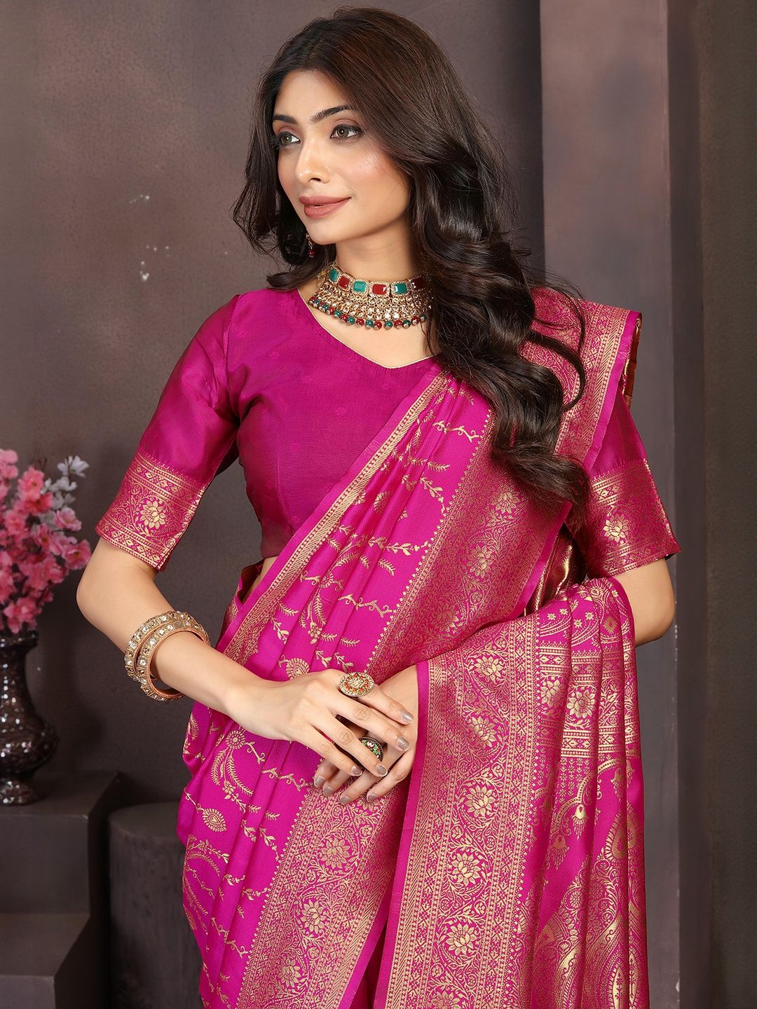 KALINI Fuchsia Art Silk Woven Design Banarasi Sarees