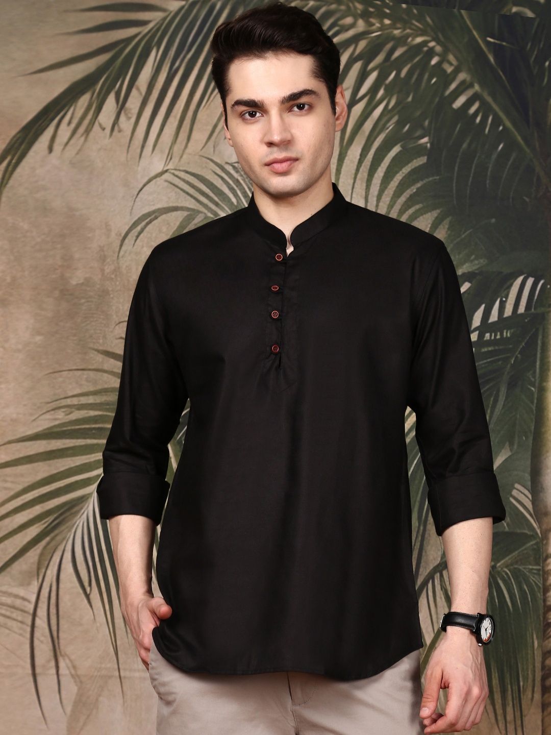 Sangria Men Black Mandarin Collar Long Sleeves Cotton Kurta