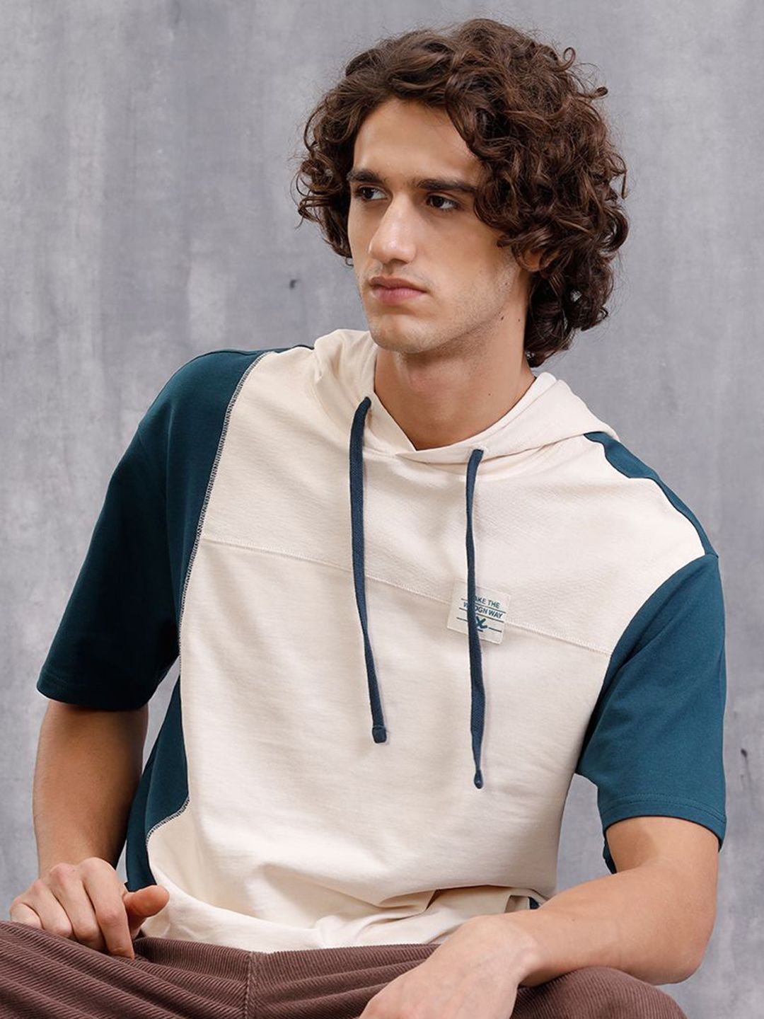 WROGN Men Colourblocked Hooded Cotton Relaxed Fit T-shirt