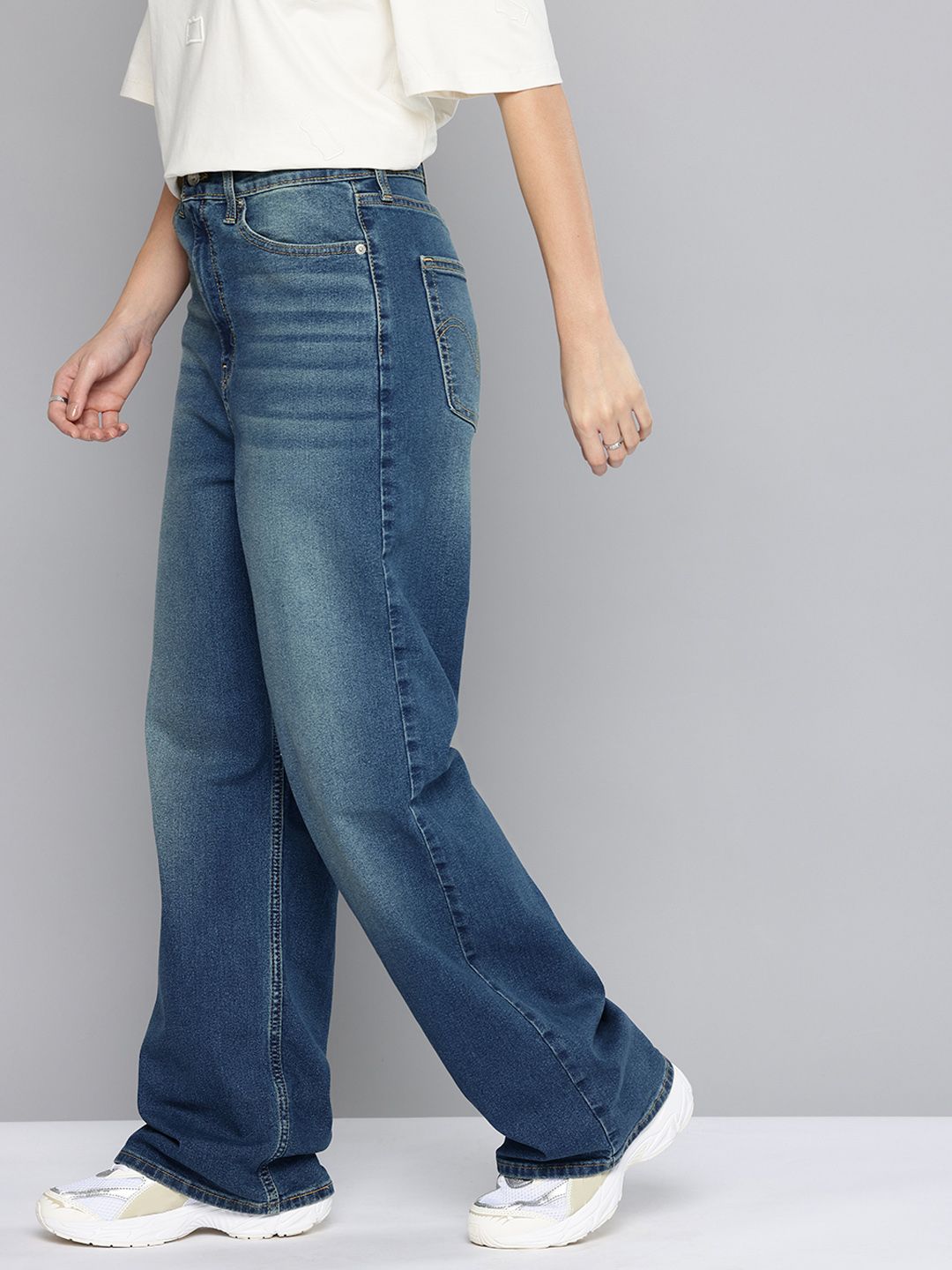 Tinted Med Indigo Loose Fit High Rise Jeans