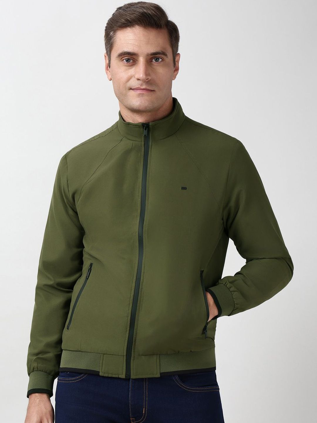 Peter England Casuals Men Stand Collar Solid Open Front Jacket