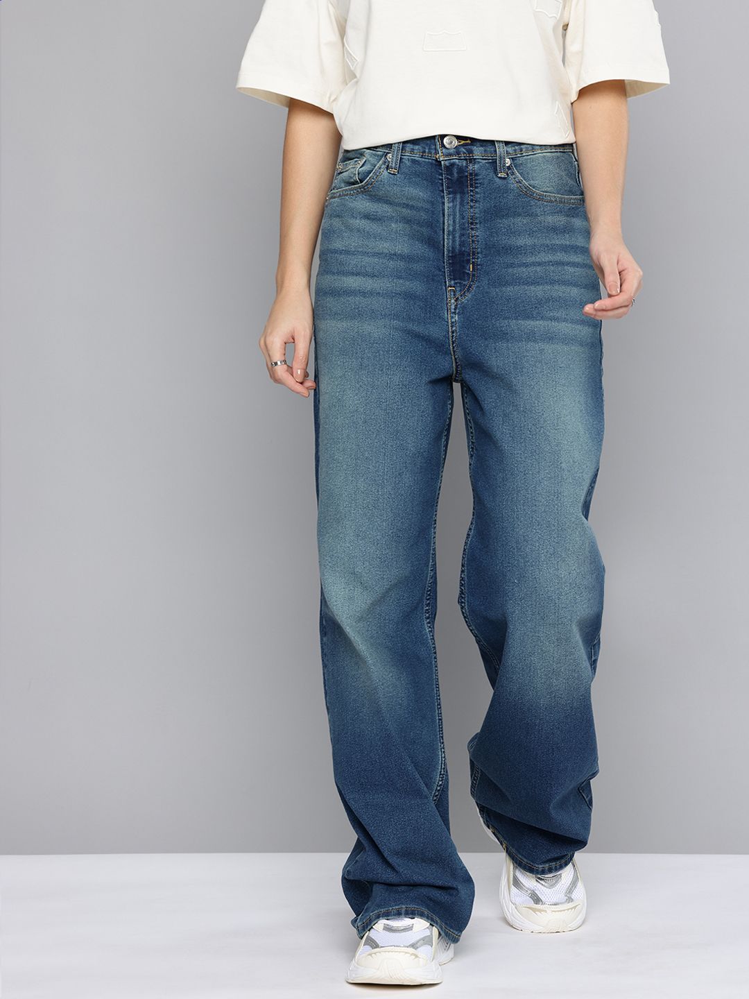 Tinted Med Indigo Loose Fit High Rise Jeans