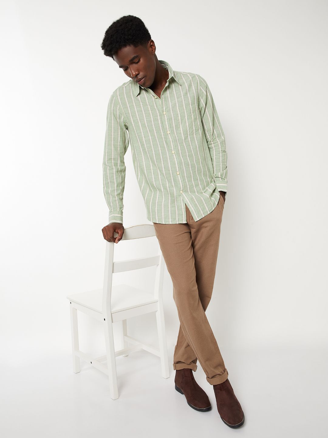Buy max Spread Collar Vertical Stripes Striped Cotton Linen Opaque