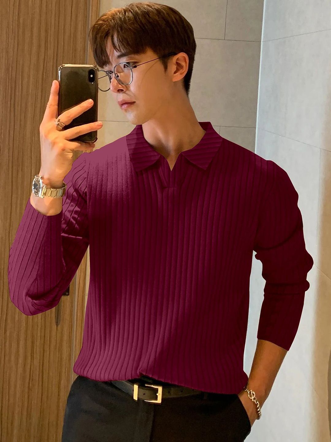 KAJARU Striped Polo Collar T-shirt
