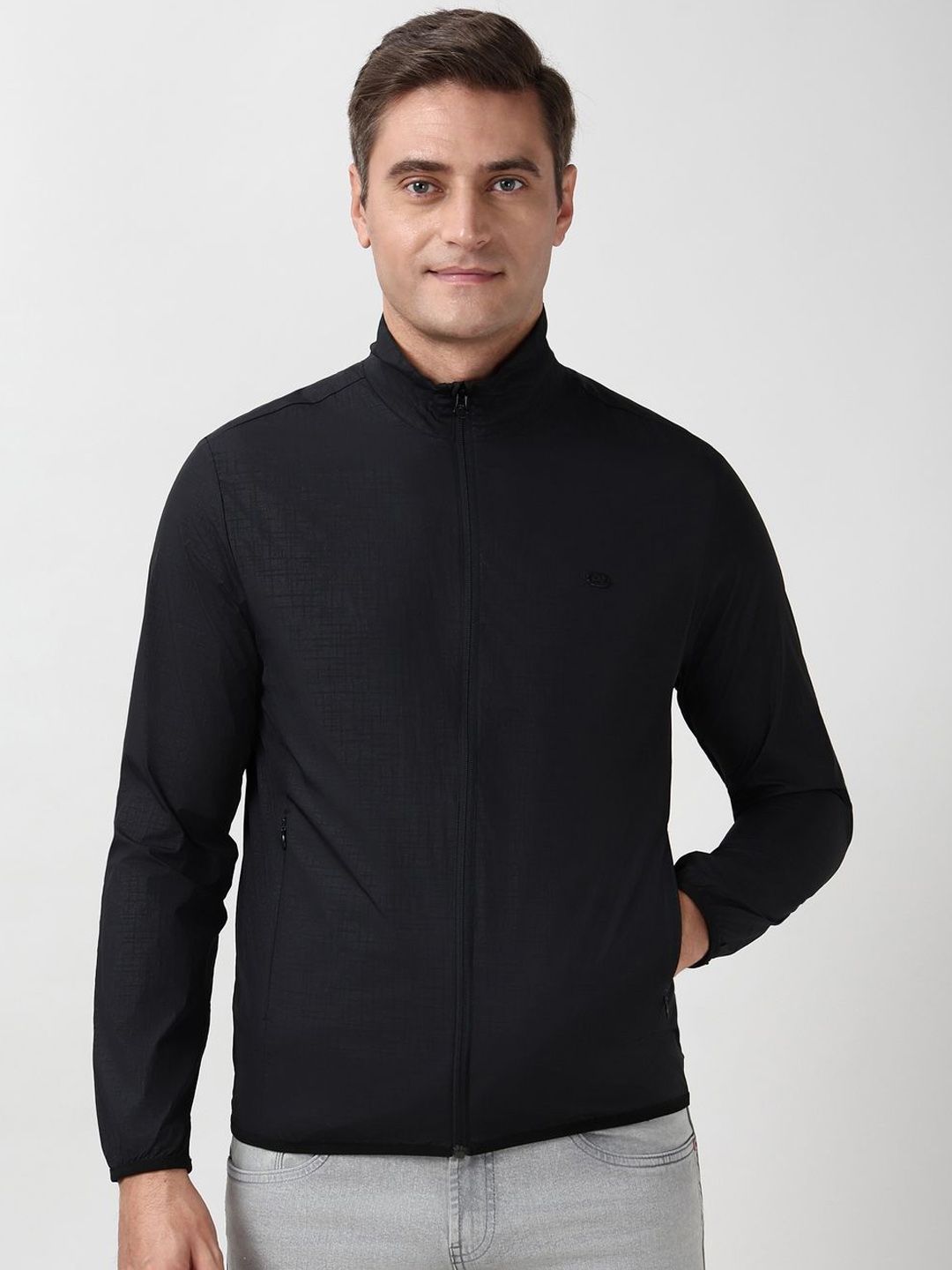 Peter England Casuals Men Stand Collar Solid Bomber Jacket