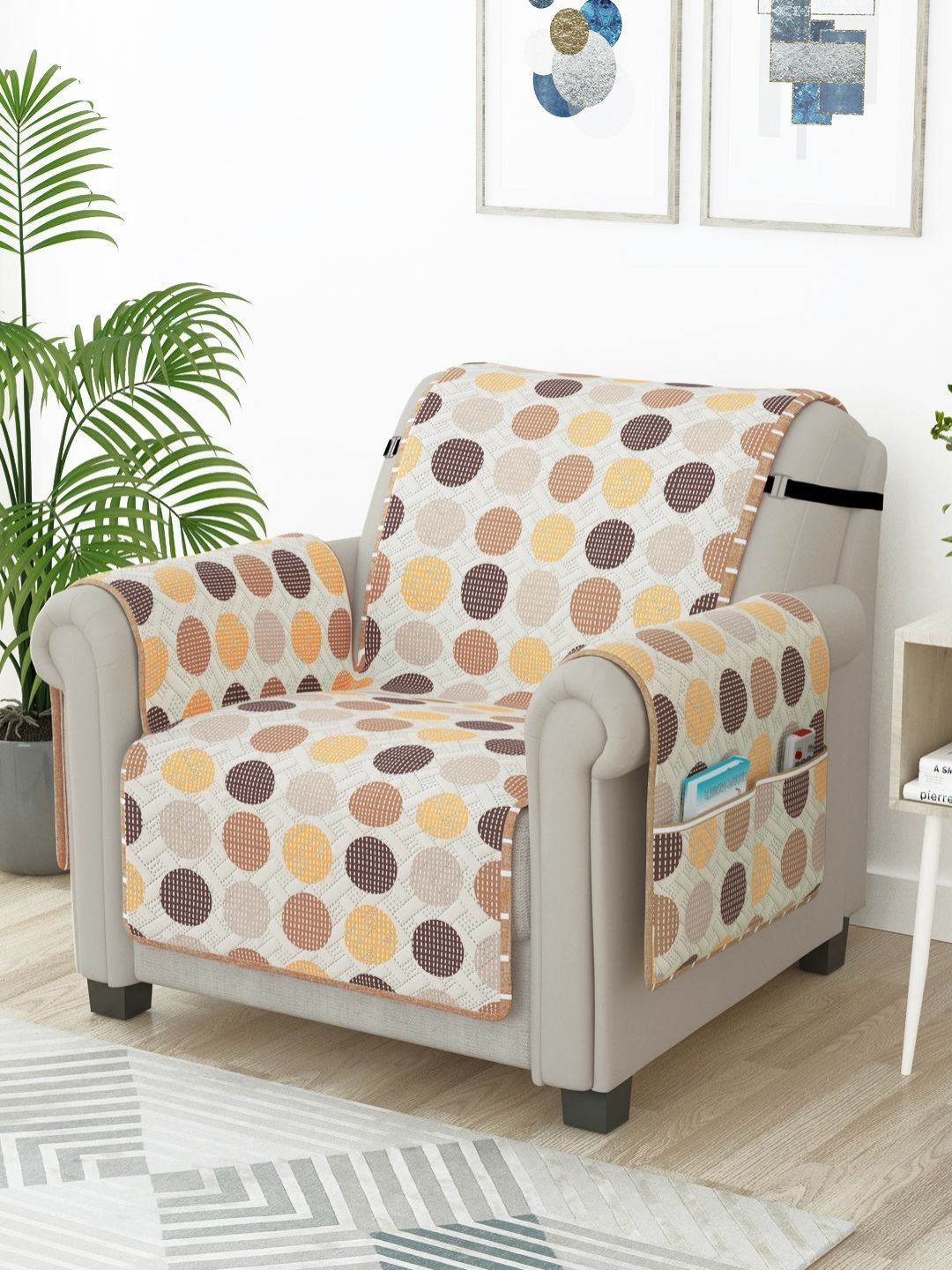 Story@home Beige & White Printed Microfiber Single Sofa Cover With Arms