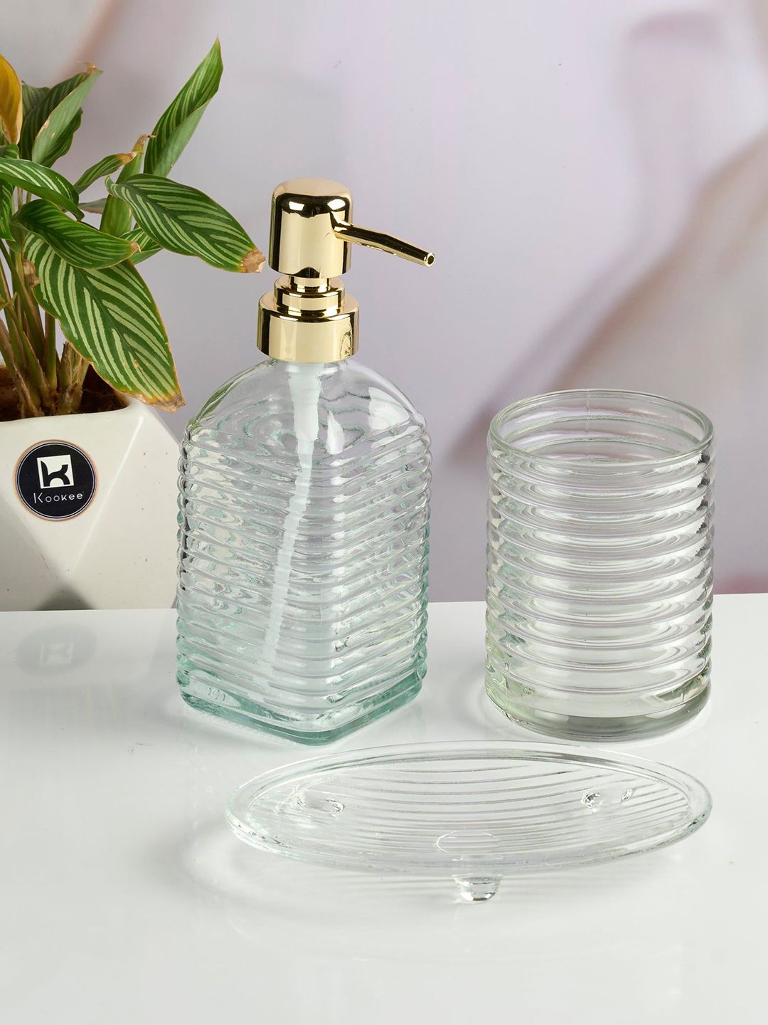 Kookee Transparent & Gold Toned 3 Pieces Textured Glass Bath Accessories Set