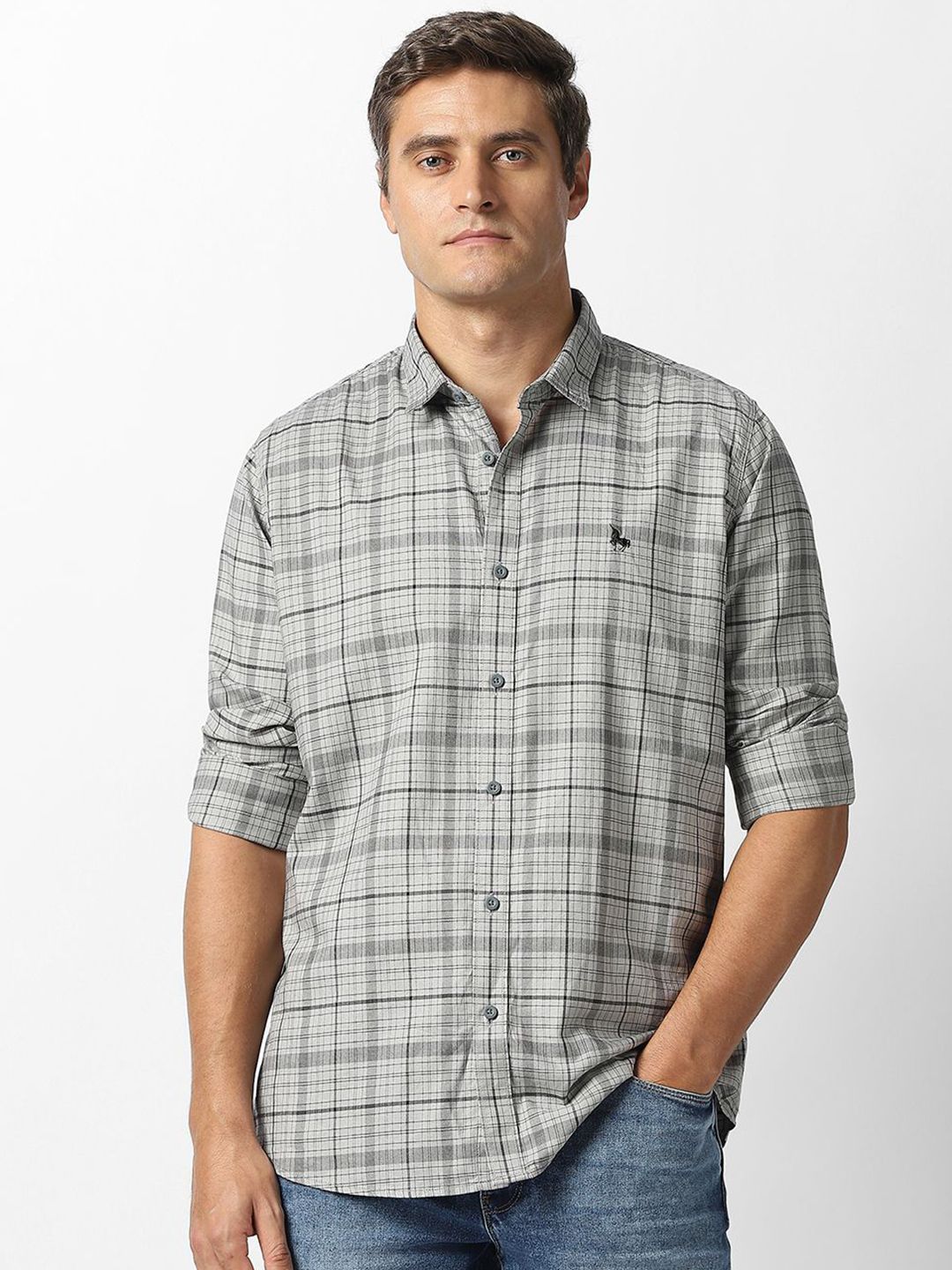 VAN HEUSEN DENIM LABS Slim Fit Checked Pure Cotton Opaque Shirt