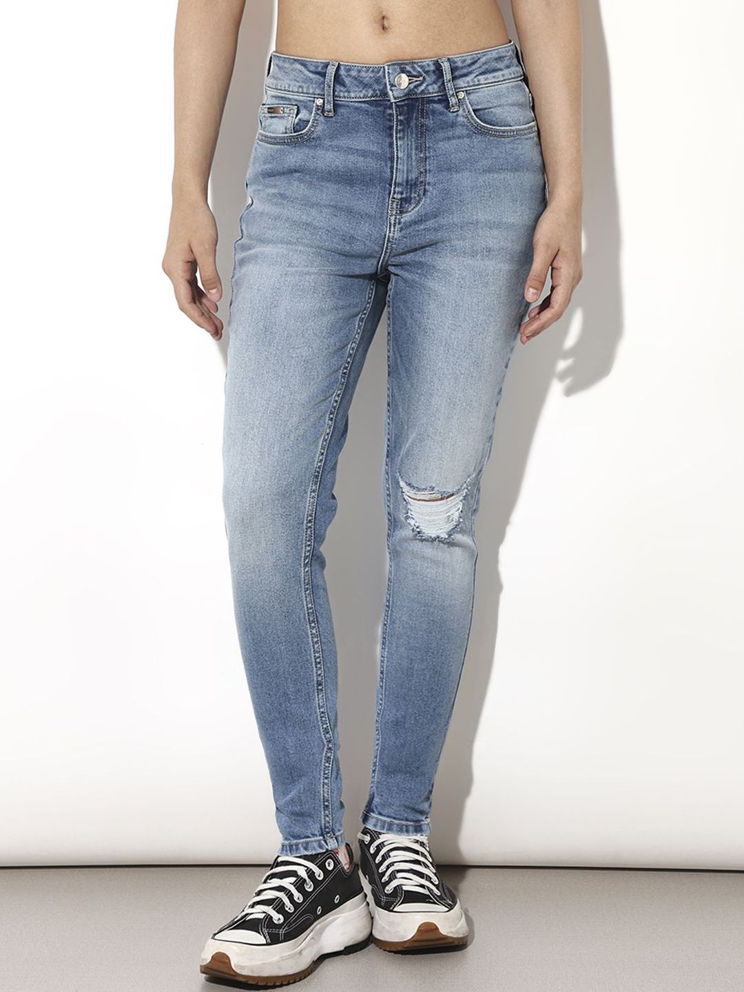 ONLY Women Skinny Fit Mid-Rise Slash Knee Heavy Fade Acid Wash Stretchable Jeans