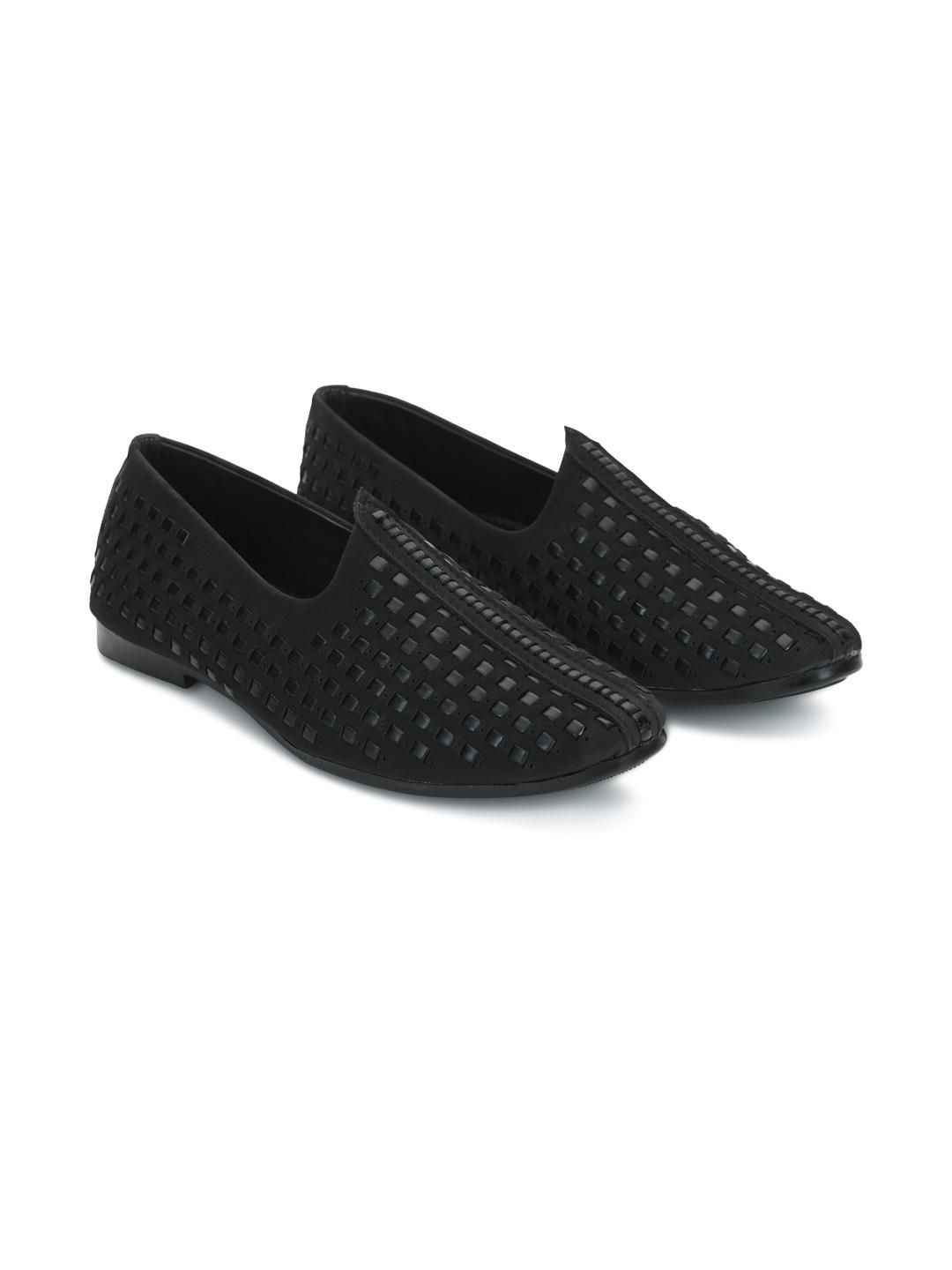 STEPHORN Men Black Suede Leather Textured Round Toe Slip On Loafers With TPR Sole