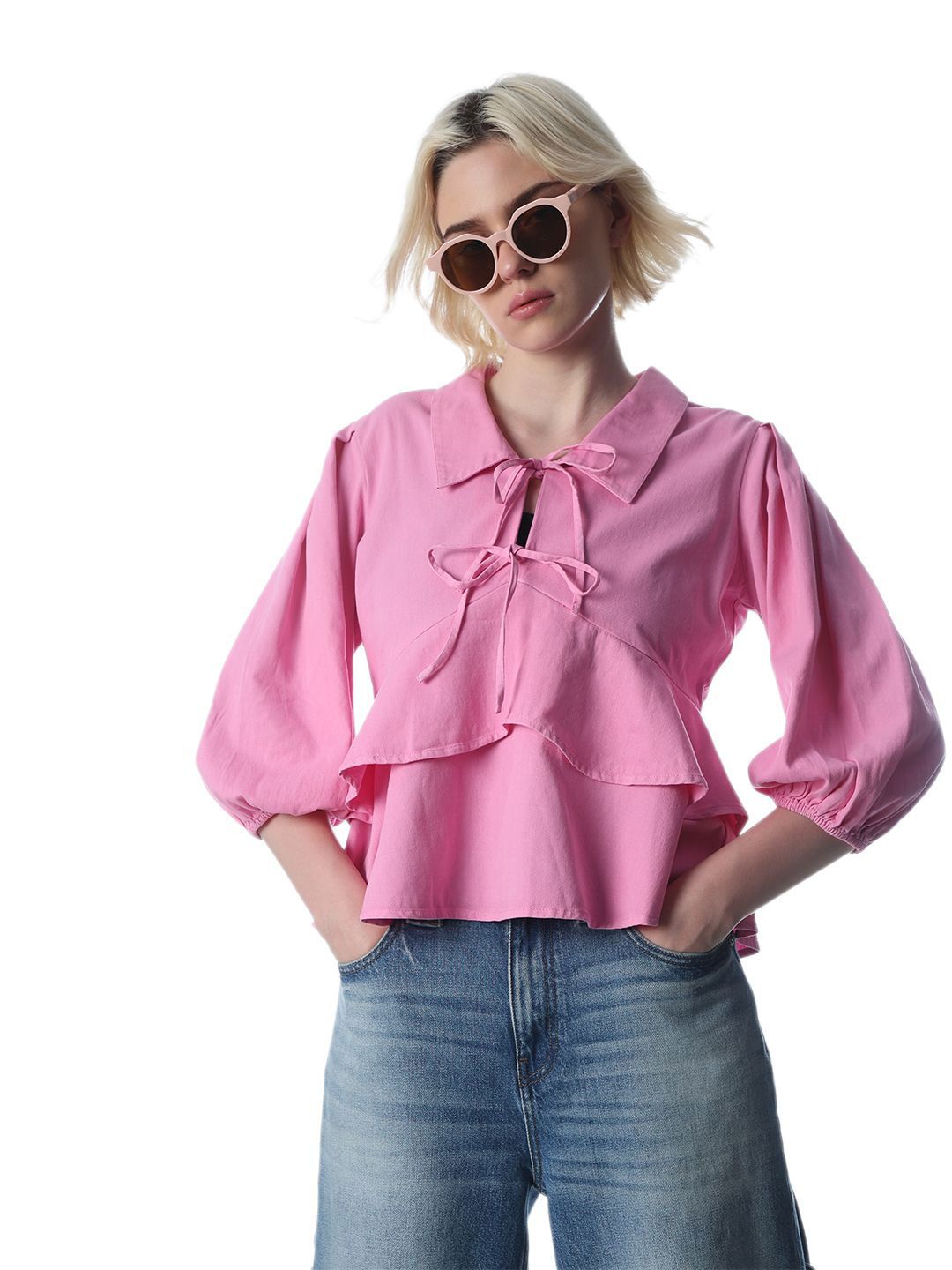 ONLY ONLY Women Shirt Collar Puff Sleeve Cotton Peplum Top