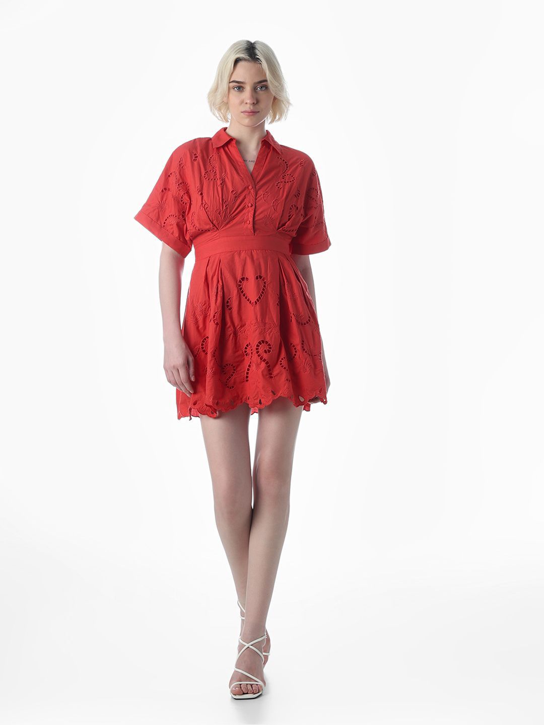 Self Design Shirt Collar Extended Sleeves Cotton Shirt Mini Dress
