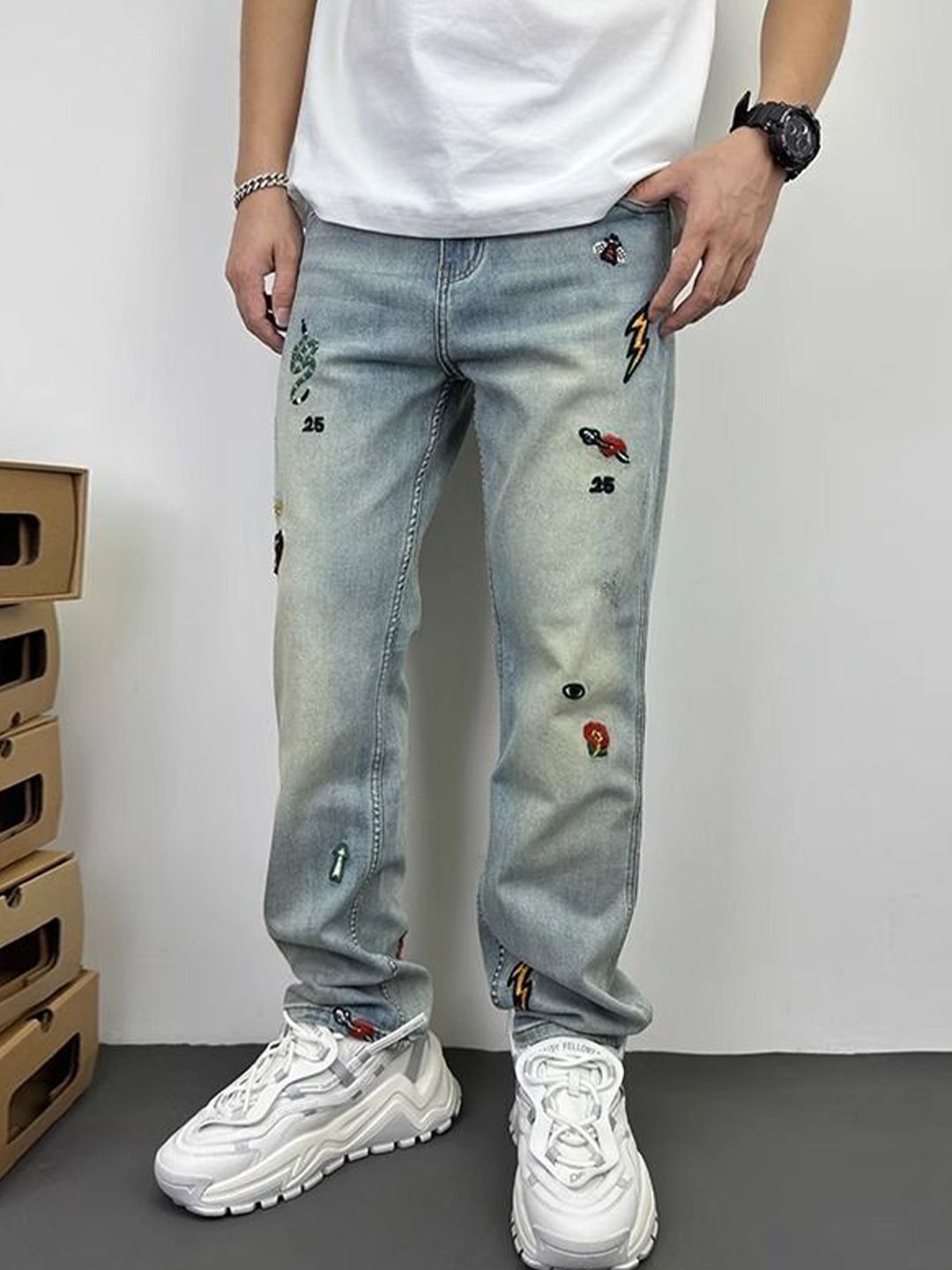 StyleCast x Revolte Men Straight Fit Mid-Rise Light Fade Embroidered Jeans