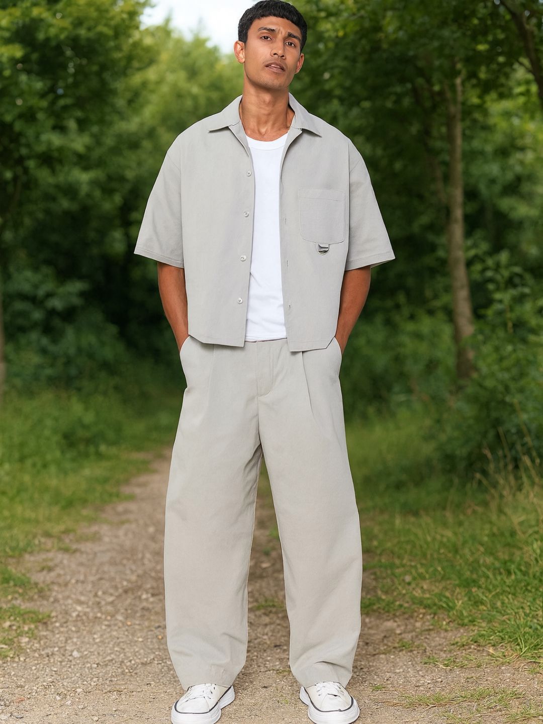 EVERDION EVERDION Oversized Textured Shirt With Trousers Co-Ord Set