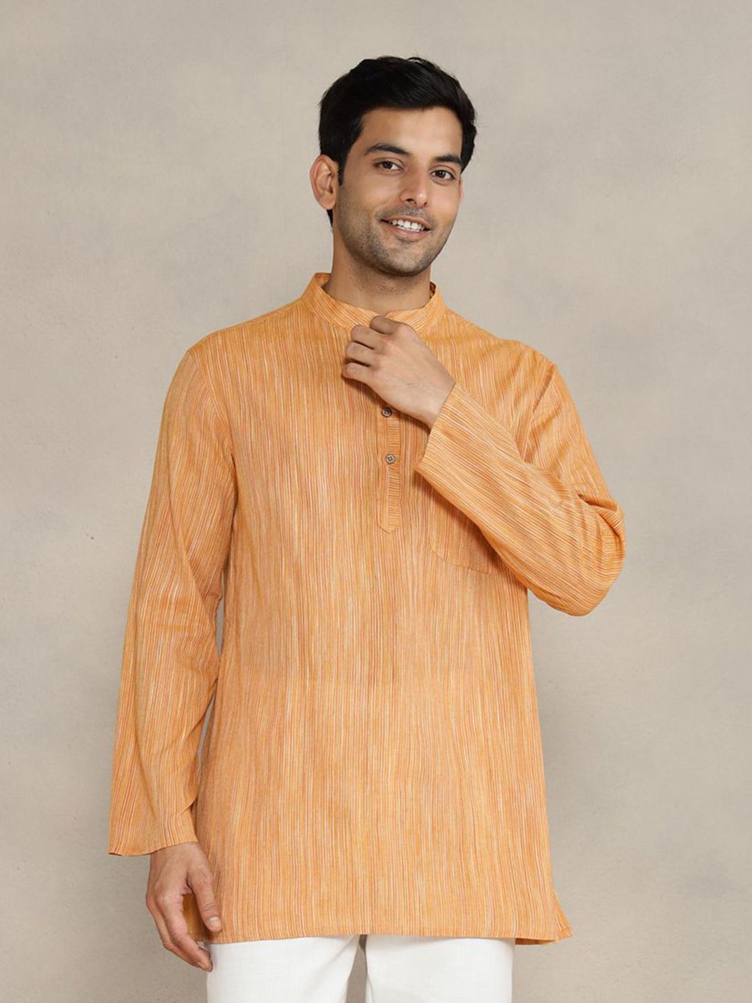 Fabindia Men Striped Band Collar Kurta